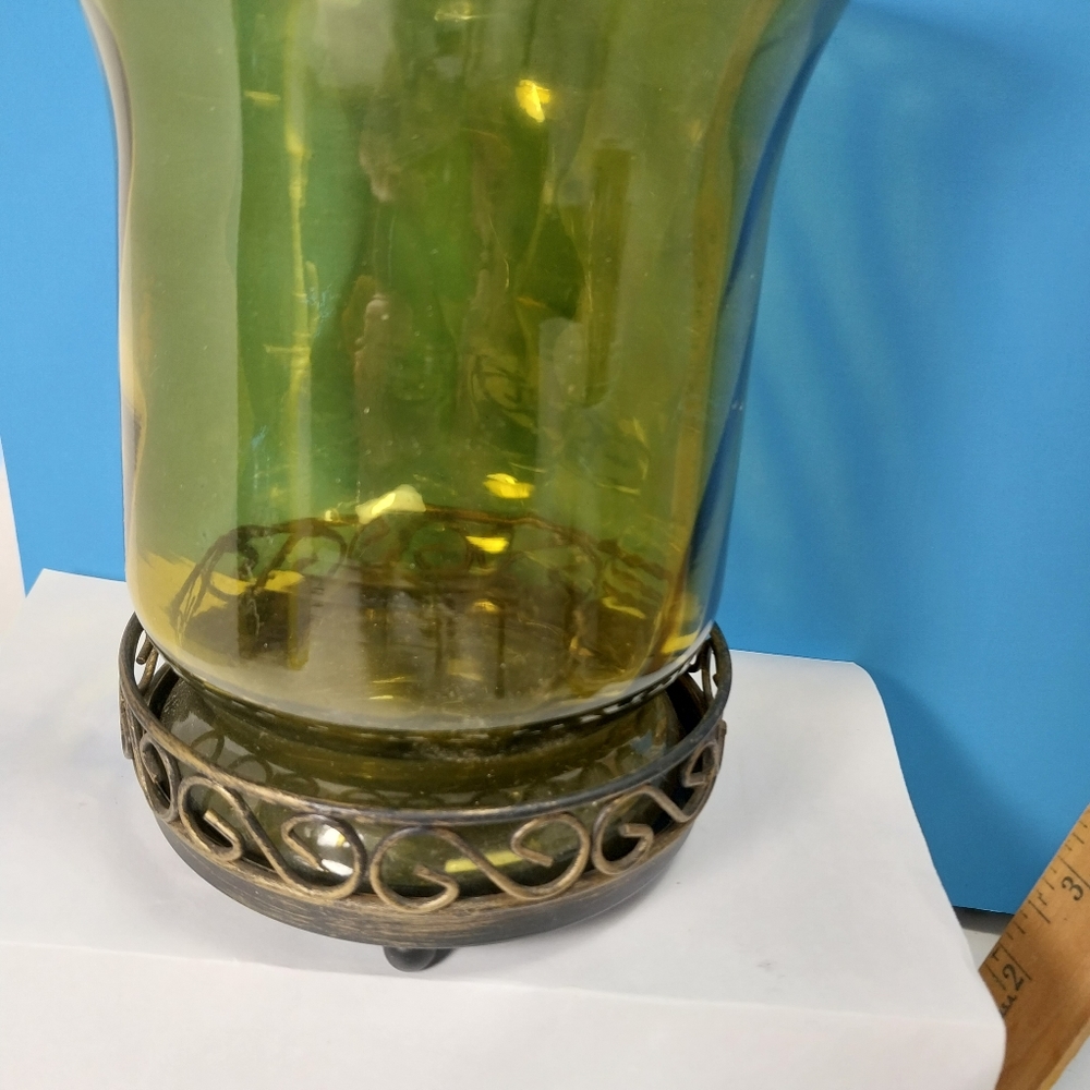 Vintage Green Glass Vase with metal stand